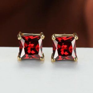 NWT Ruby Red & Gold Princess Cut Earrings